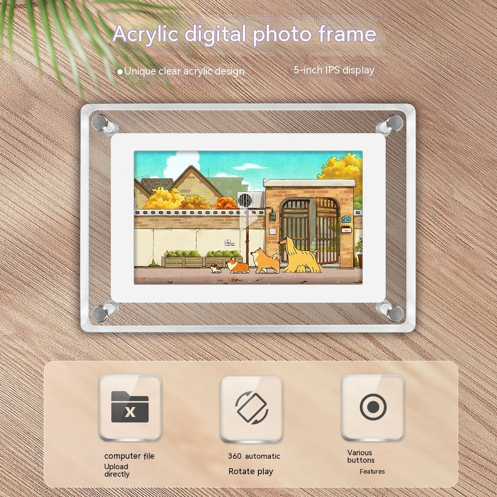 Acrylic digital photo frame on a wooden surface with cartoon image and feature icons.