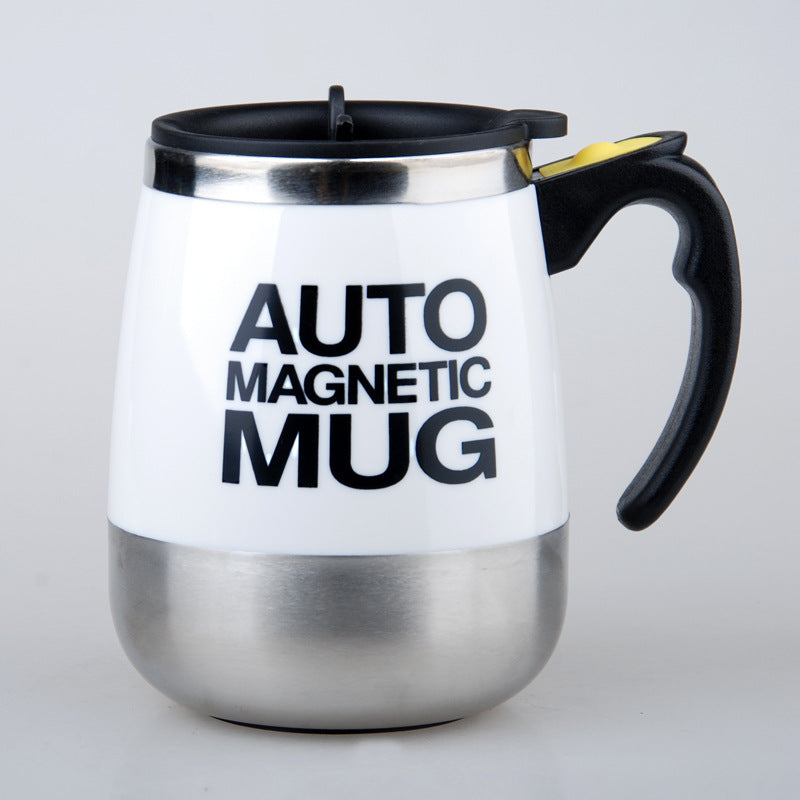 Stainless steel mug with black handle and 'Auto Magnetic Mug' text on a white background