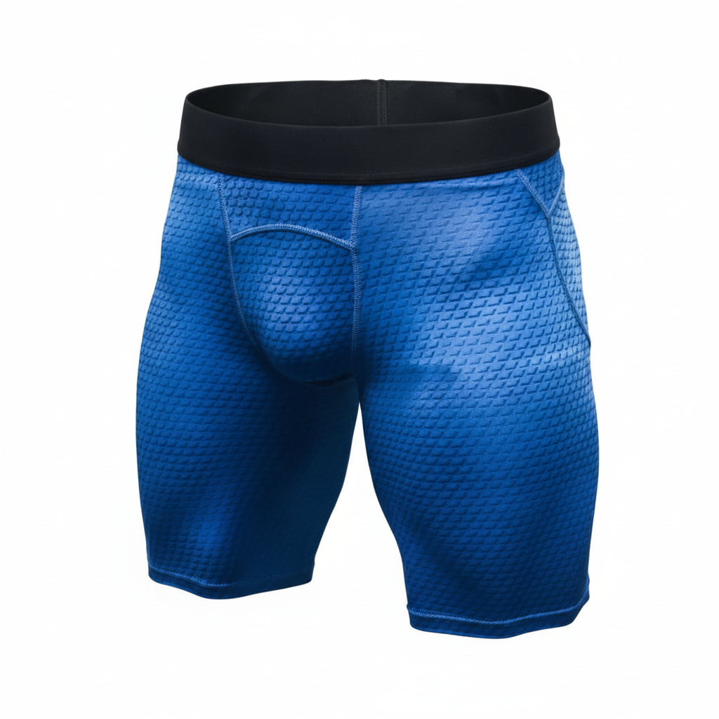 Blue athletic shorts with a textured pattern on a white background