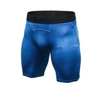 Blue athletic shorts with a textured pattern on a white background