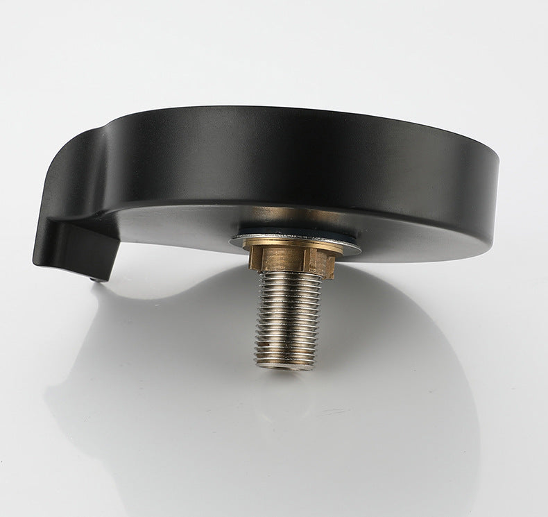 Black metal component with a threaded bolt on a white background