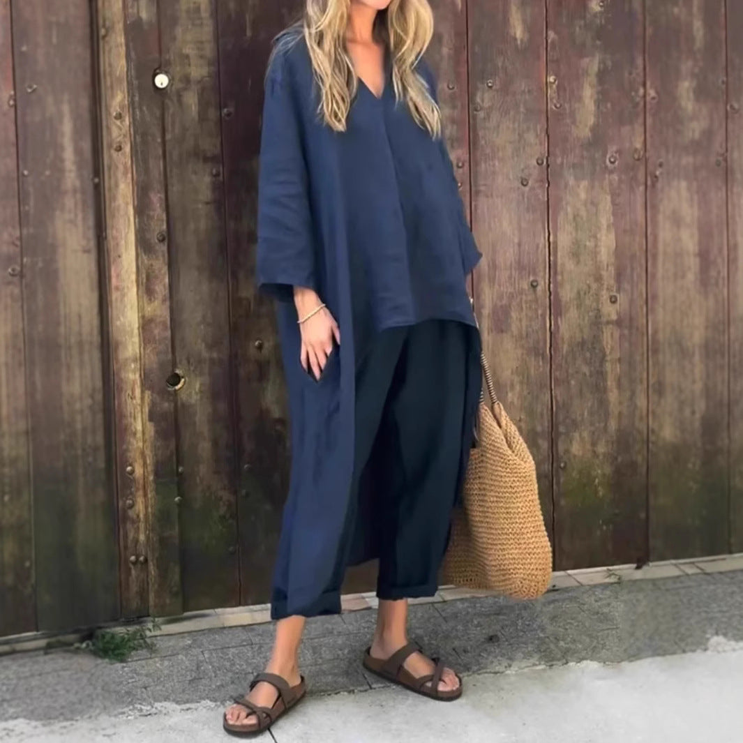 Loose V-neck Long Top and High Waist Wide Leg Pants - AmiraMart