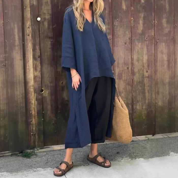 Loose V-neck Long Top and High Waist Wide Leg Pants - AmiraMart