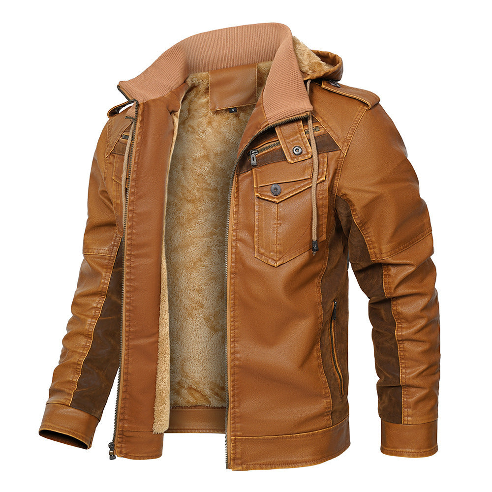 Brown leather jacket with fur lining on a white background