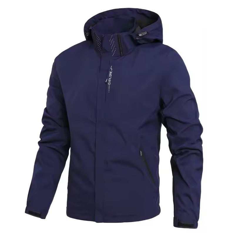 Navy blue jacket with a hood on a white background
