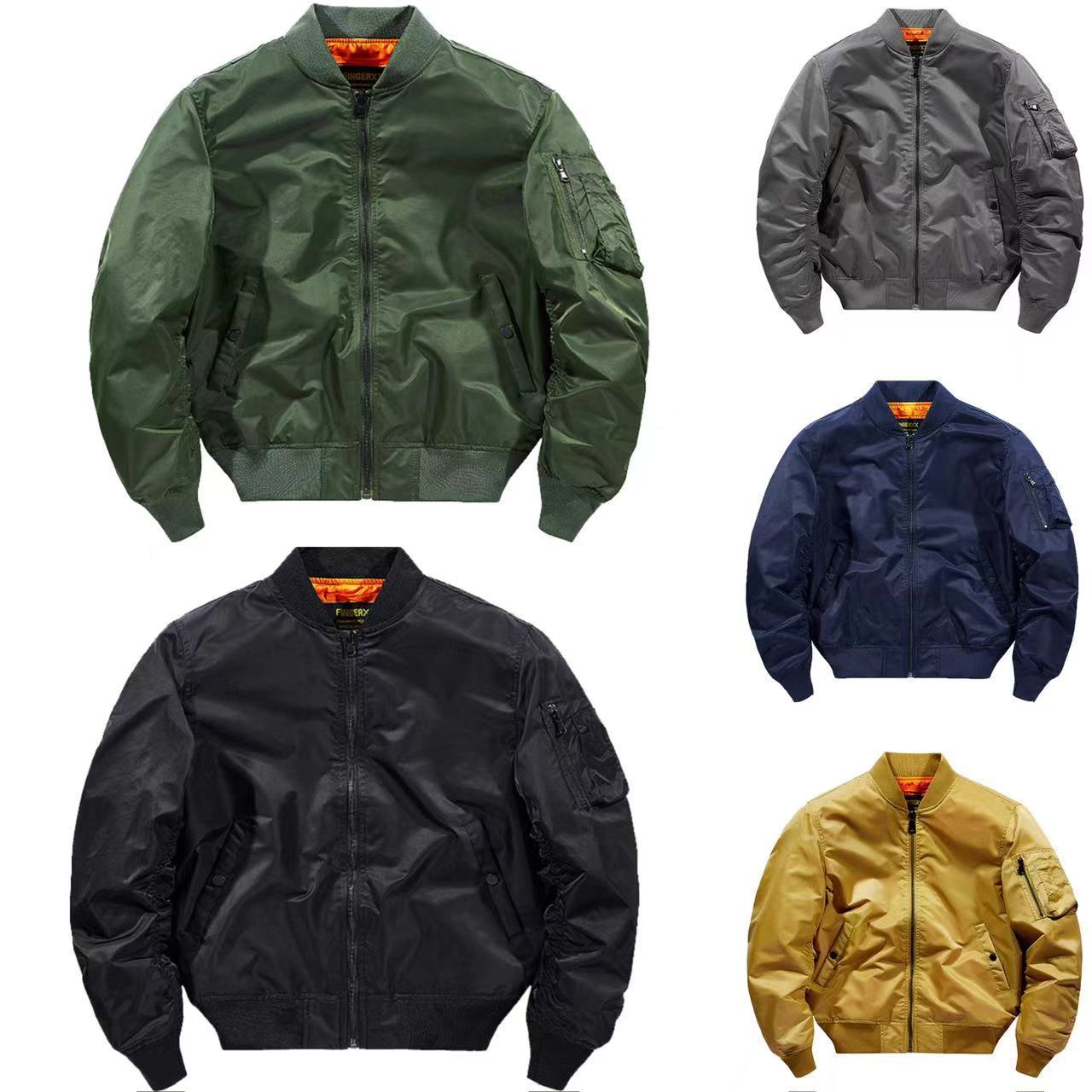 Five bomber jackets in different colors on a white background