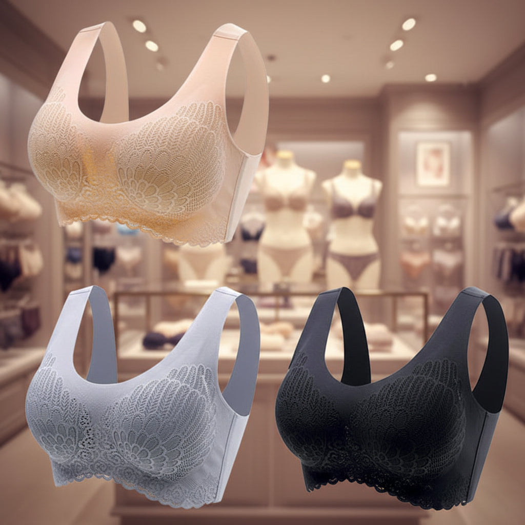 Three lace-trimmed bras in beige, black, and gray on a white background