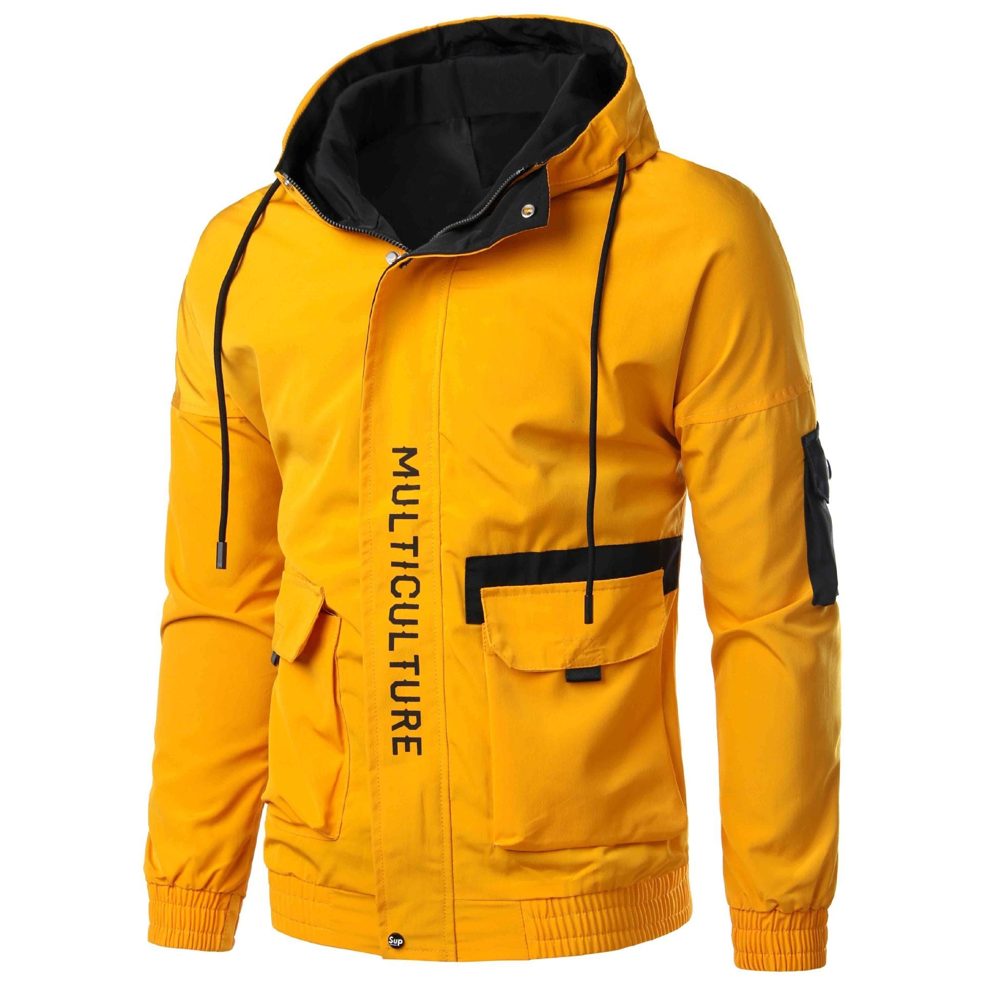 Yellow jacket with black accents and 'MULTICULTURE' text on a white background