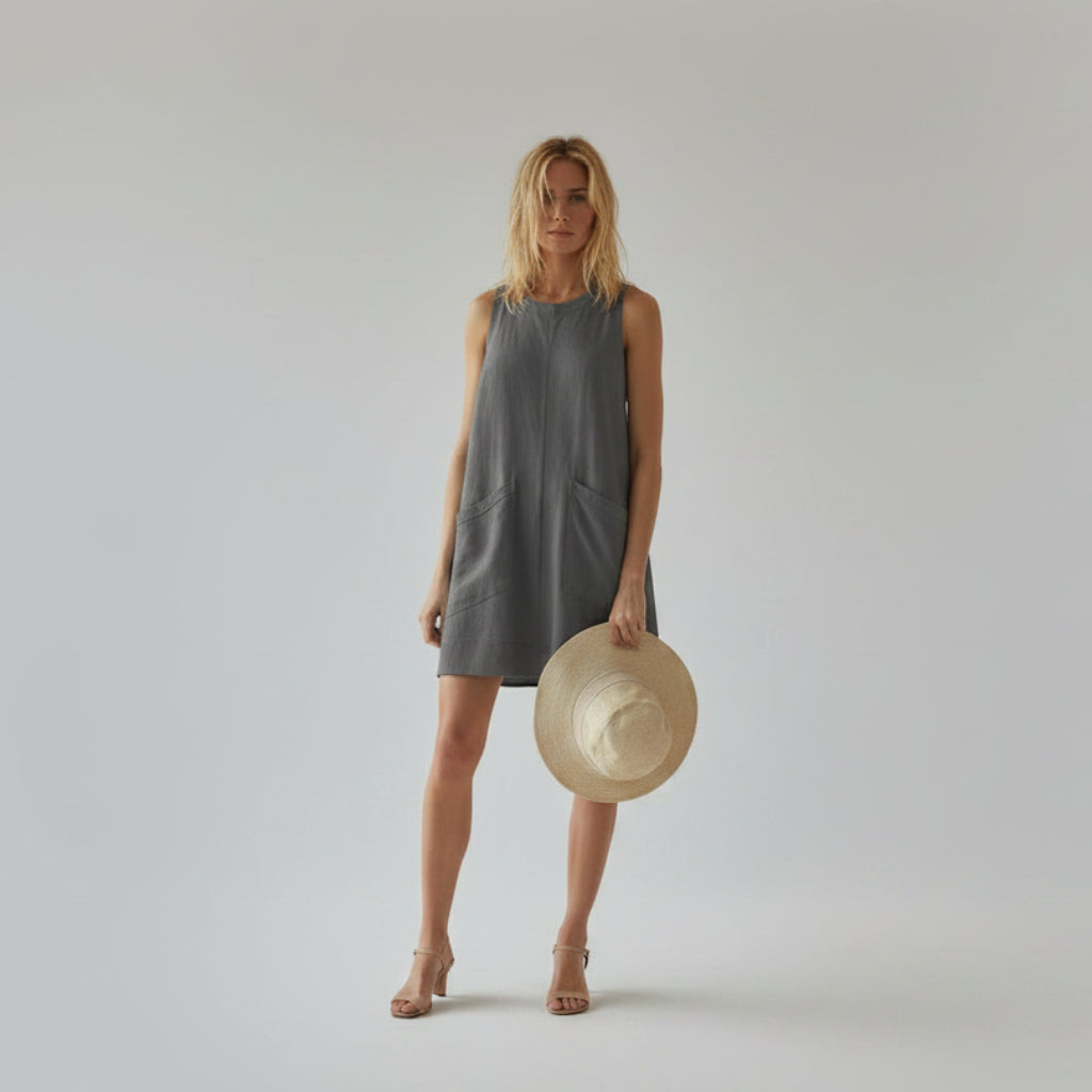 Woman in a gray dress holding a hat on a beach