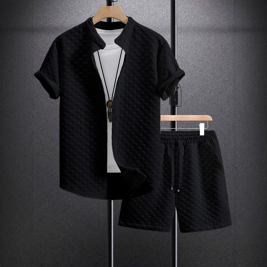 Men's Jacquard Casual Short Sleeve Shirt Outfit - AmiraMart