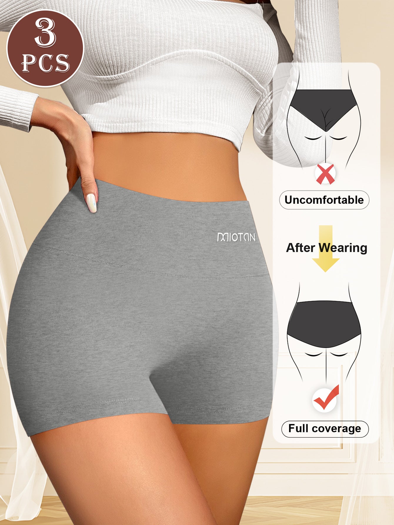 Gray high-waisted underwear with a comparison diagram showing comfort improvement.