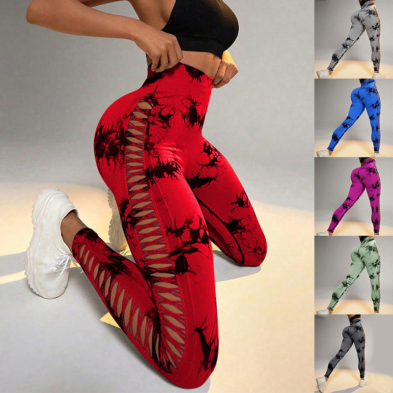 Red leggings with black abstract patterns worn by a person, with additional images of similar leggings in various colors on the right.