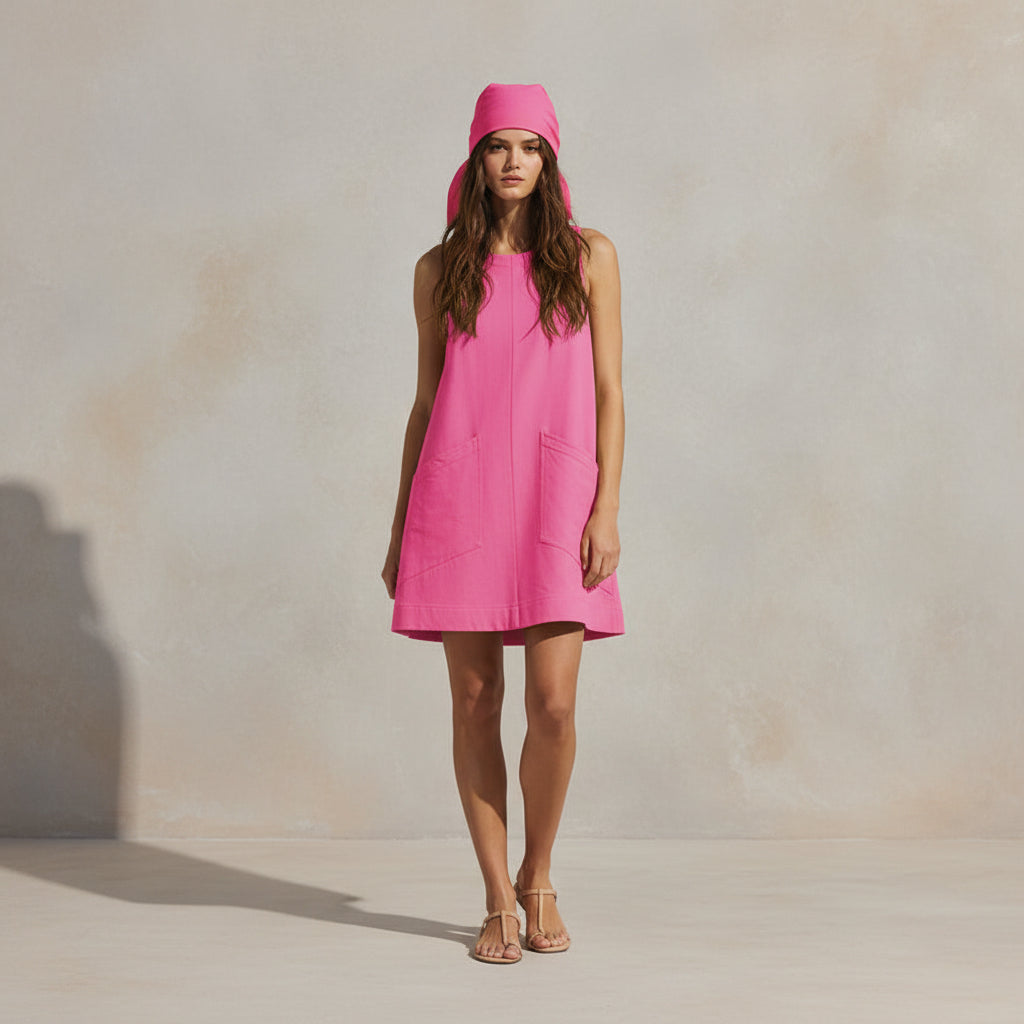 Woman wearing a pink sleeveless dress with pockets on a plain background