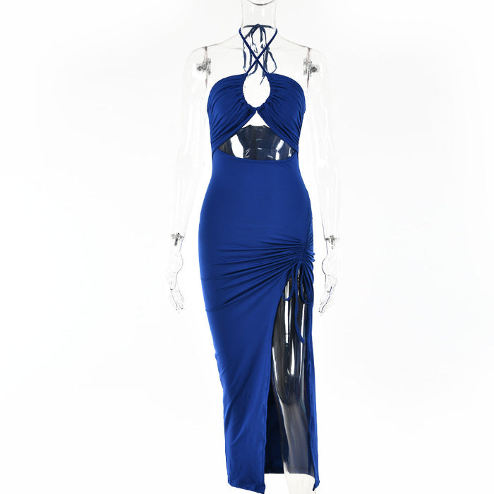 Blue evening gown on a mannequin against a white background