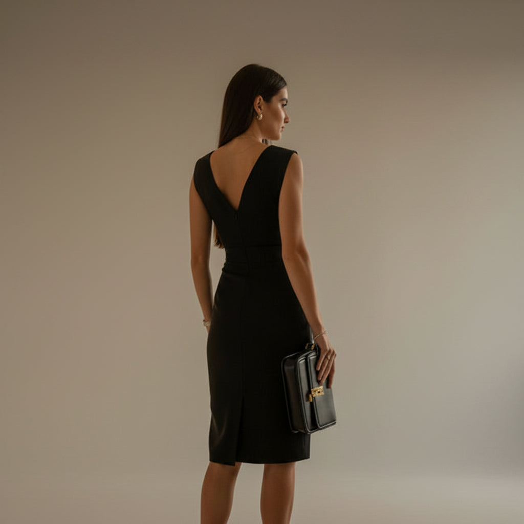 Black dress with a V-neckline and belt, held by a person against a gray background