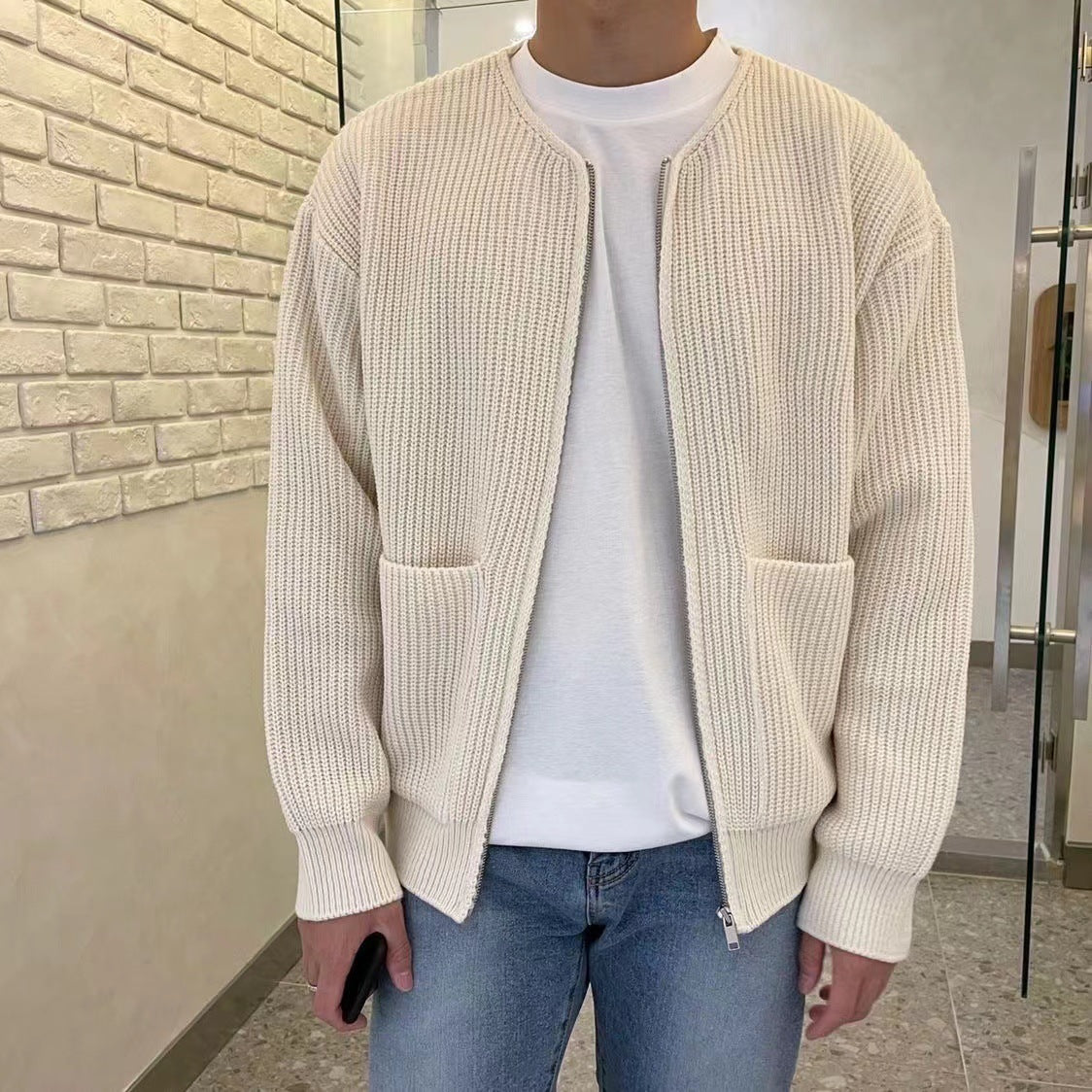 Men's Zip Up Knit Cardigan - Lined Funnel Neck Coat with Pockets - AmiraMart