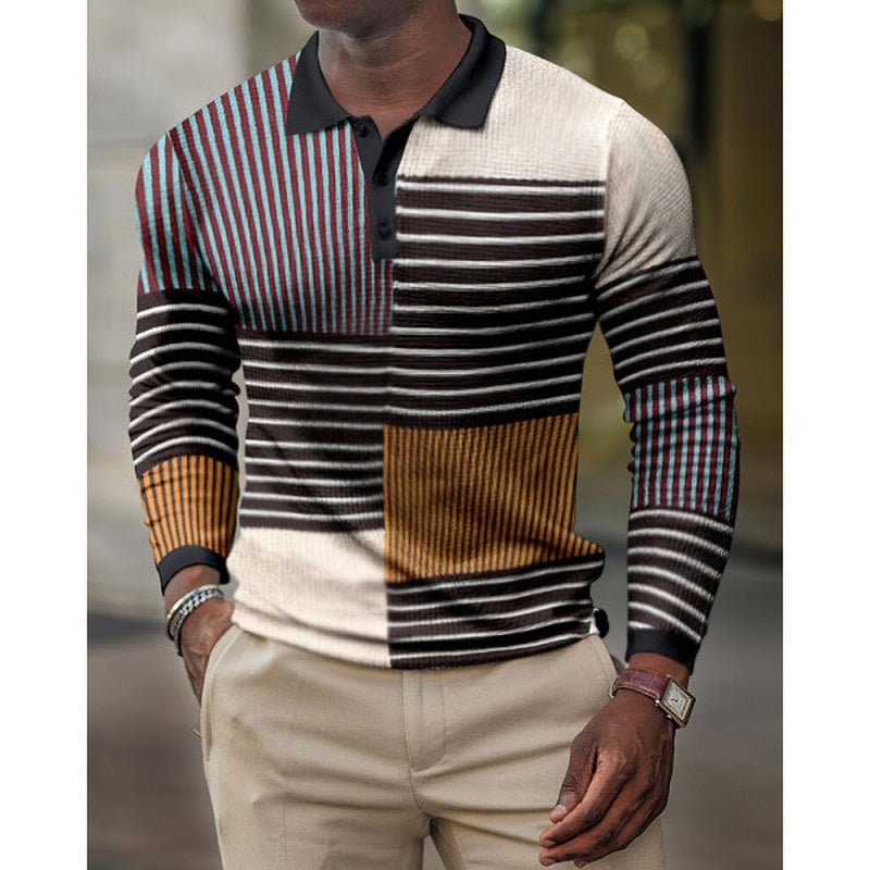 3D Digital Pattern Lapel POLO Long Sleeve Men's - AmiraMart