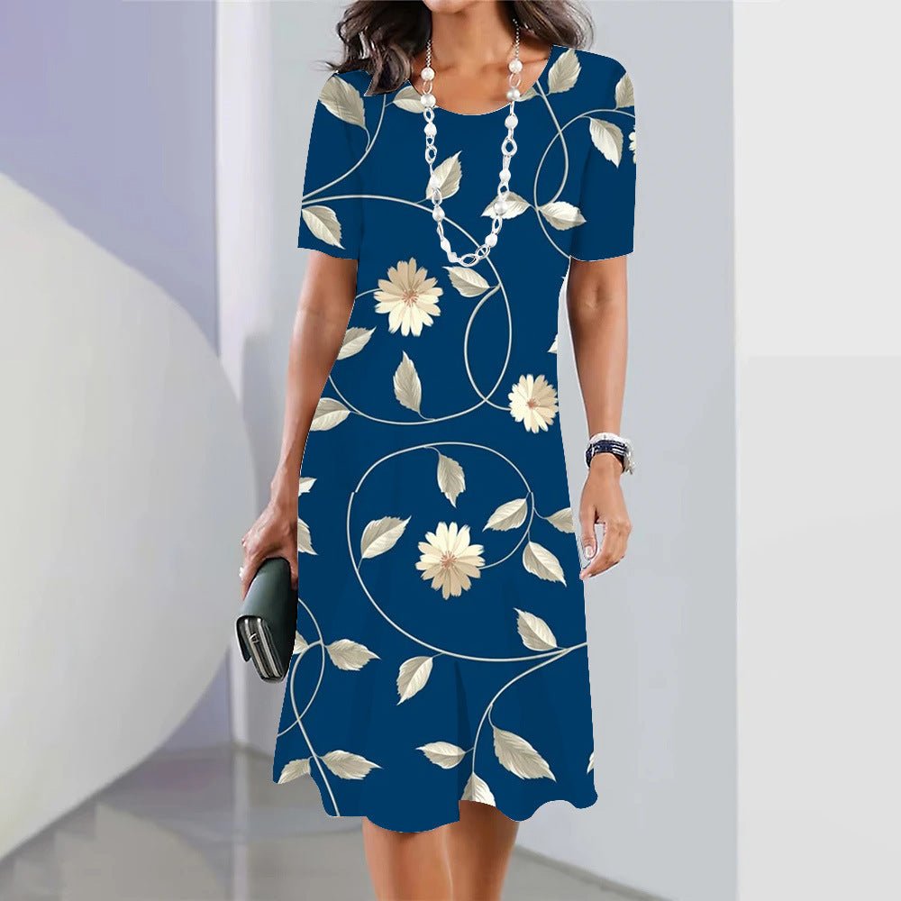 3d Floral Blue Printed Round Neck Fashion Party Dress - AmiraMart
