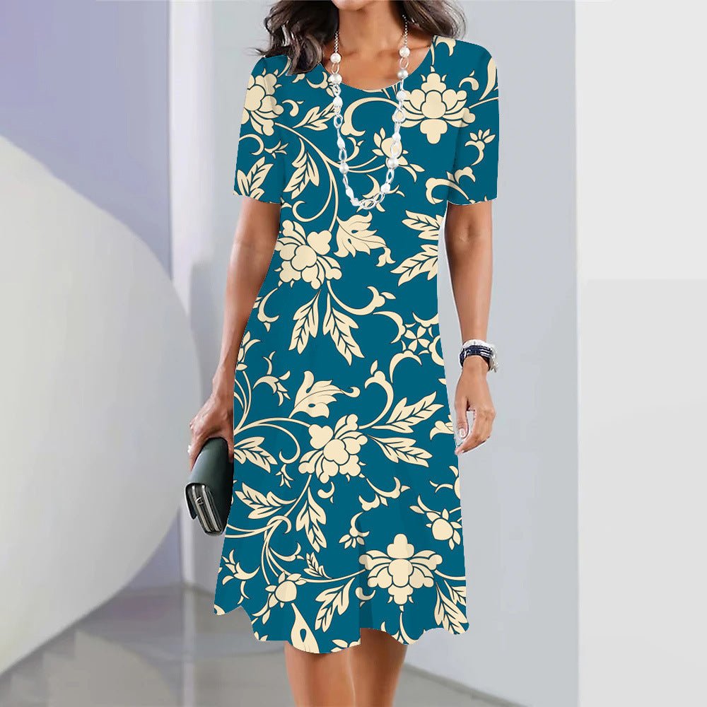 3d Floral Blue Printed Round Neck Fashion Party Dress - AmiraMart