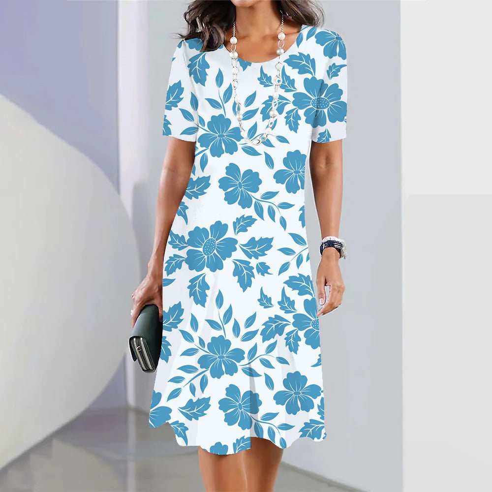 3d Floral Blue Printed Round Neck Fashion Party Dress - AmiraMart