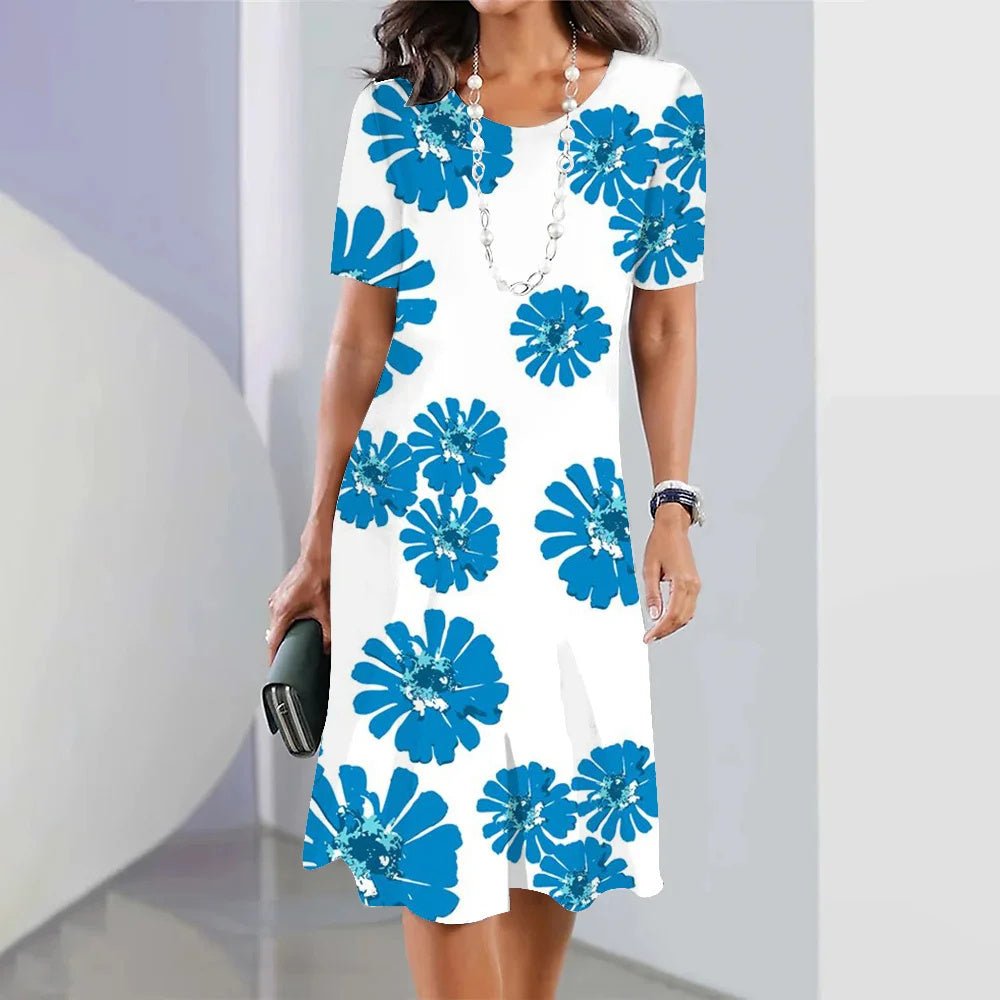3d Floral Blue Printed Round Neck Fashion Party Dress - AmiraMart