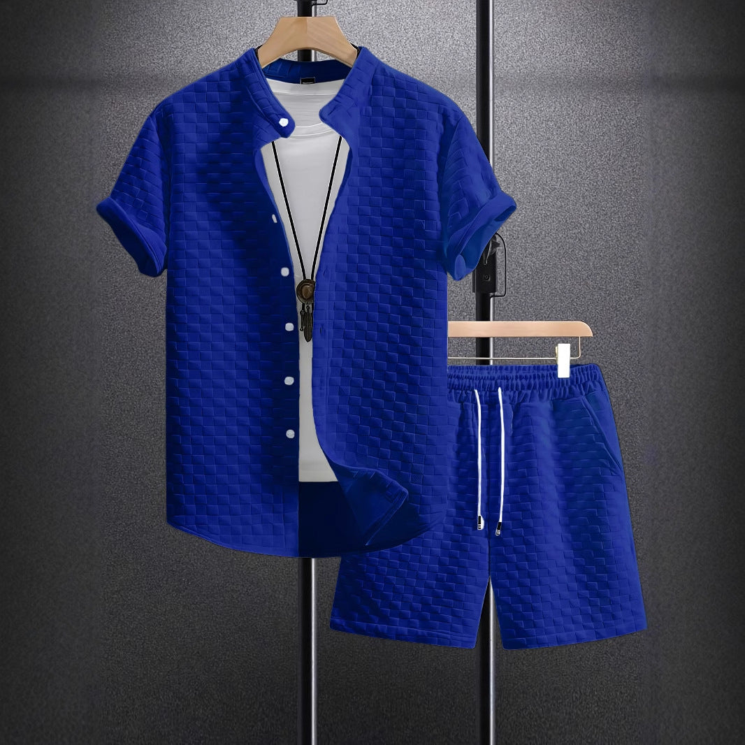 Men's Jacquard Casual Short Sleeve Shirt Outfit - AmiraMart