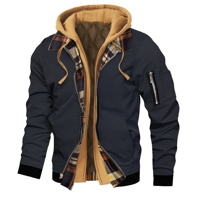 Navy blue jacket with plaid lining and tan hood on a white background