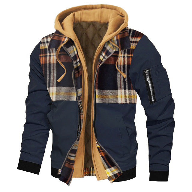 Plaid jacket with navy blue body and yellow interior on a white background