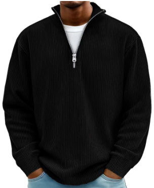 Corduroy Zipper Stand Collar Sweatshirt - AmiraMart
