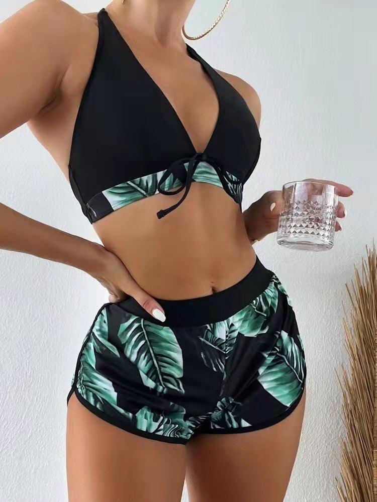 3pcs Leaf Print Bikini With Shorts Fashion Summer Beach Swimsuit Womens Clothing - AmiraMart
