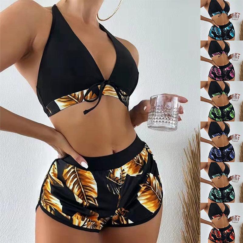 3pcs Leaf Print Bikini With Shorts Fashion Summer Beach Swimsuit Womens Clothing - AmiraMart