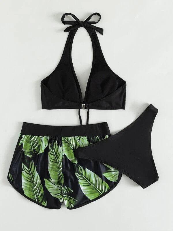 3pcs Leaf Print Bikini With Shorts Fashion Summer Beach Swimsuit Womens Clothing - AmiraMart