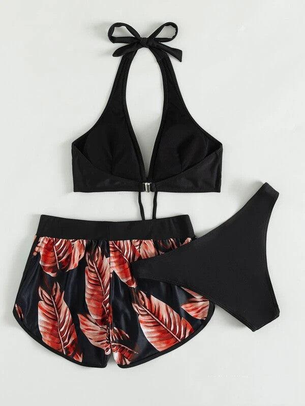 3pcs Leaf Print Bikini With Shorts Fashion Summer Beach Swimsuit Womens Clothing - AmiraMart