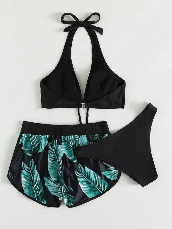 3pcs Leaf Print Bikini With Shorts Fashion Summer Beach Swimsuit Womens Clothing - AmiraMart
