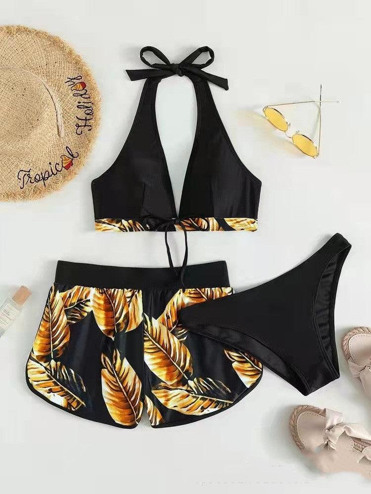 3pcs Leaf Print Bikini With Shorts Fashion Summer Beach Swimsuit Womens Clothing - AmiraMart