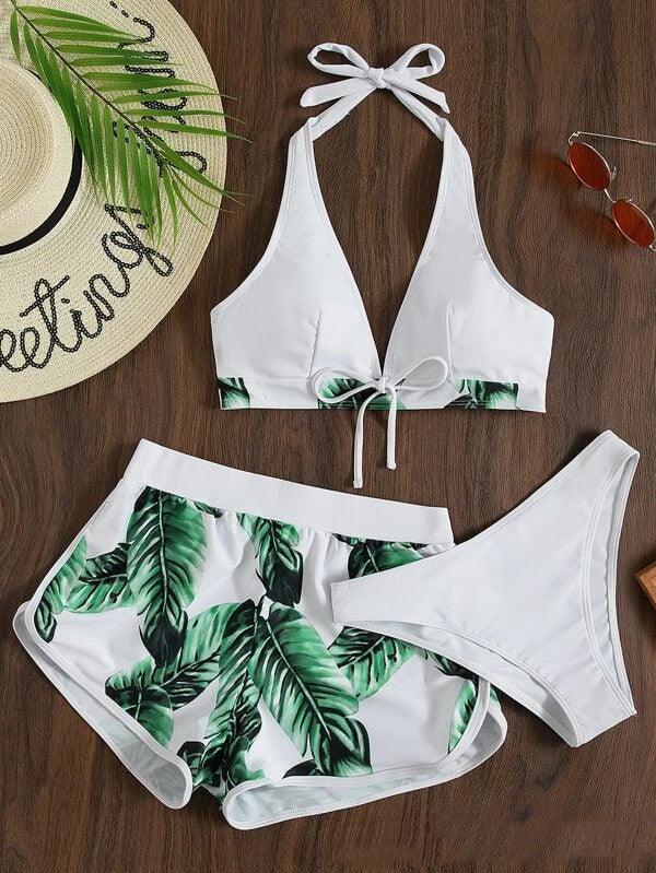 3pcs Leaf Print Bikini With Shorts Fashion Summer Beach Swimsuit Womens Clothing - AmiraMart