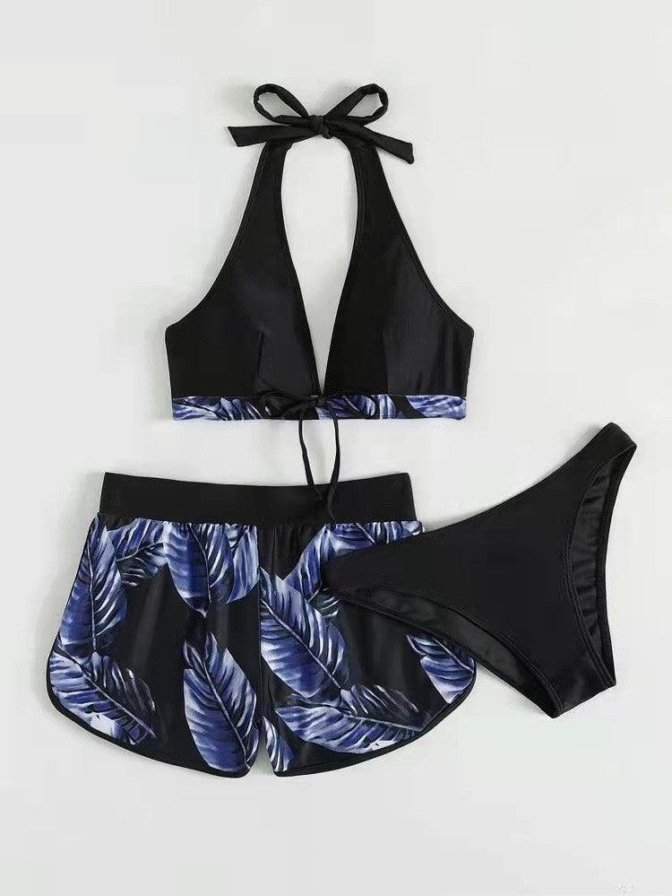 3pcs Leaf Print Bikini With Shorts Fashion Summer Beach Swimsuit Womens Clothing - AmiraMart