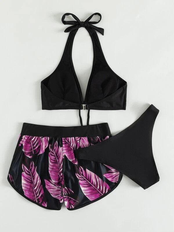 3pcs Leaf Print Bikini With Shorts Fashion Summer Beach Swimsuit Womens Clothing - AmiraMart