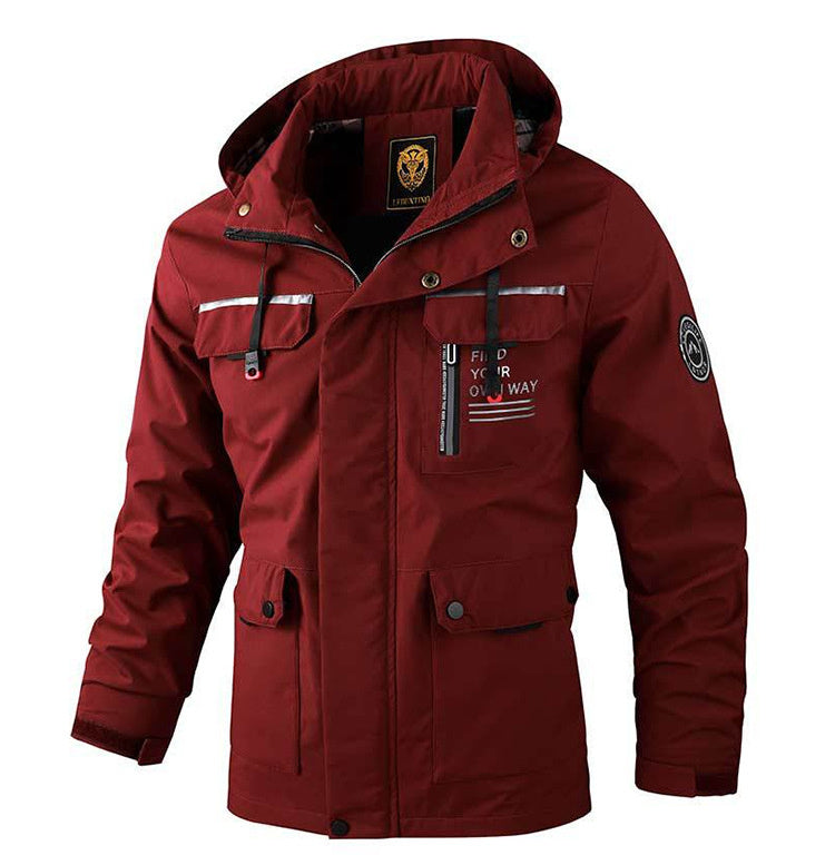 Red jacket with multiple pockets and a brand logo on a white background