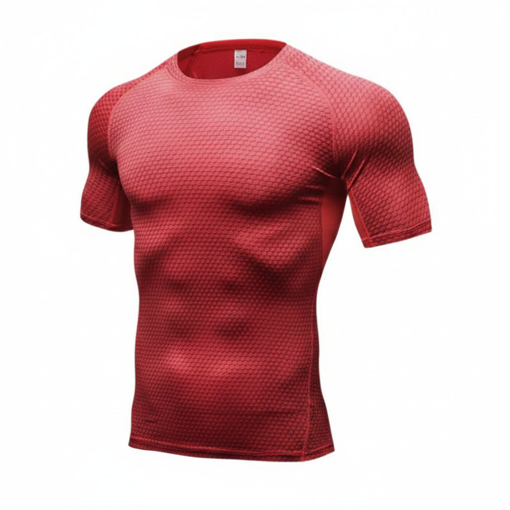 Red textured short-sleeve shirt on a white background