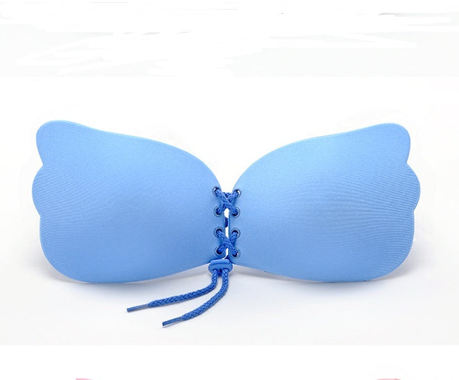 Blue strapless bra with lace details on a white background