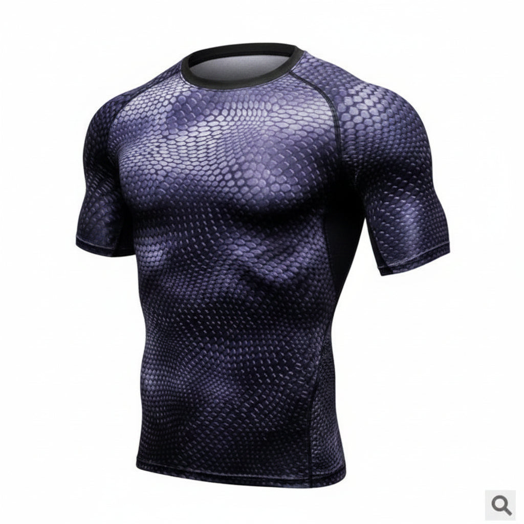 Black and gray patterned compression shirt on a white background