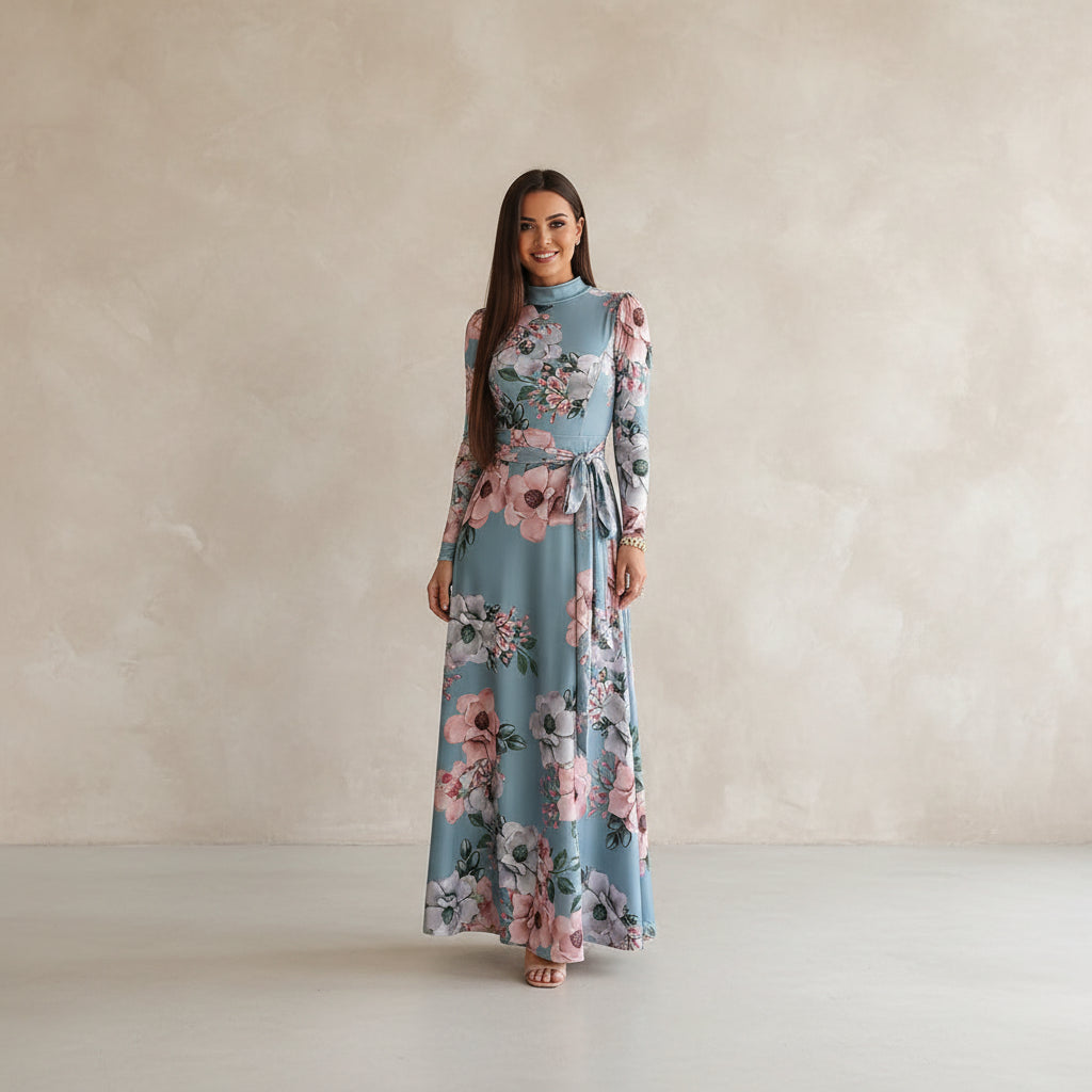 Woman wearing a floral dress taking a mirror selfie indoors.