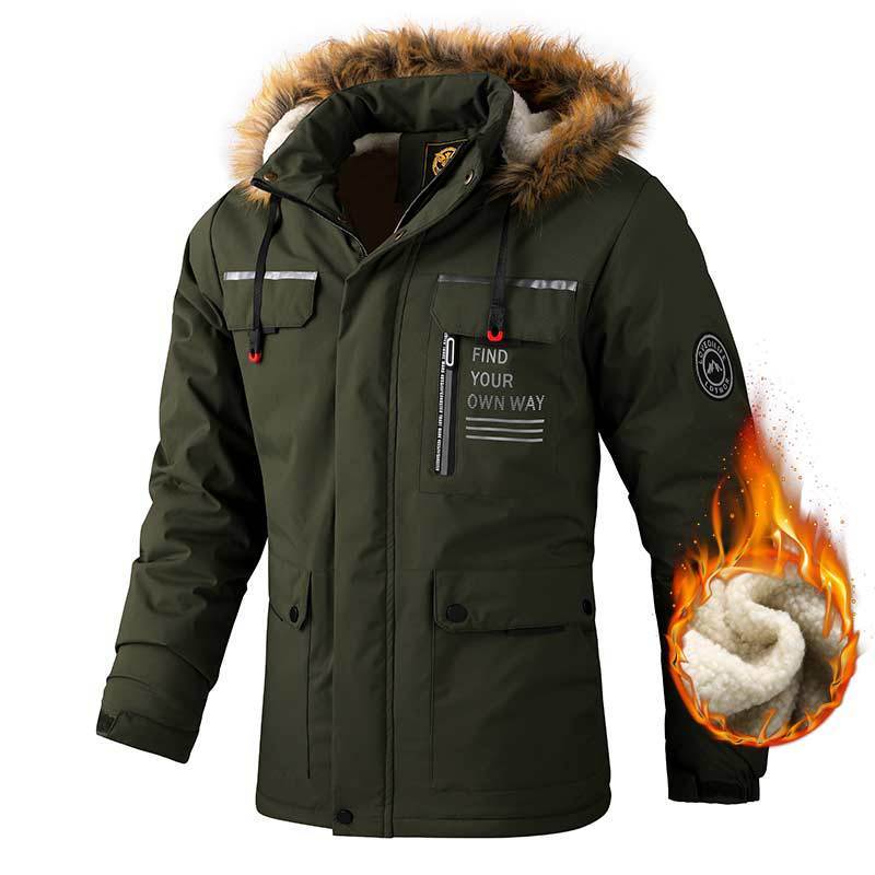 Green winter jacket with fur-lined hood and flame graphic on sleeve