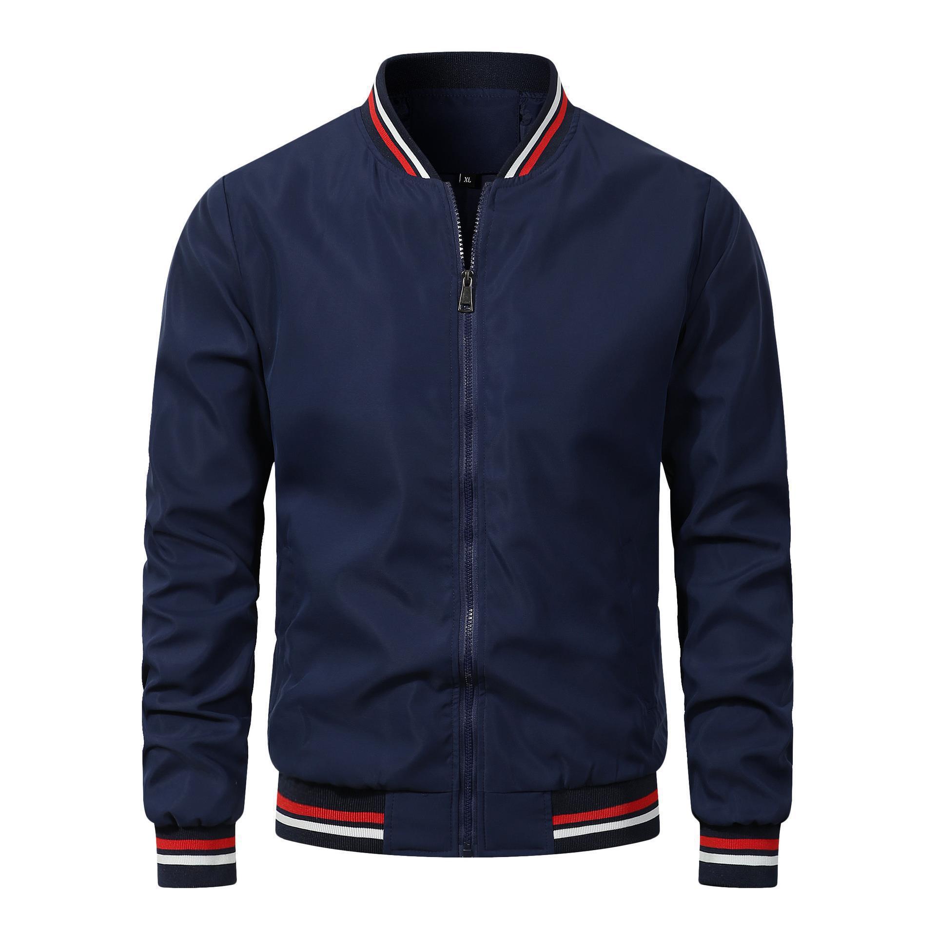 Navy blue jacket with red and white accents on a white background