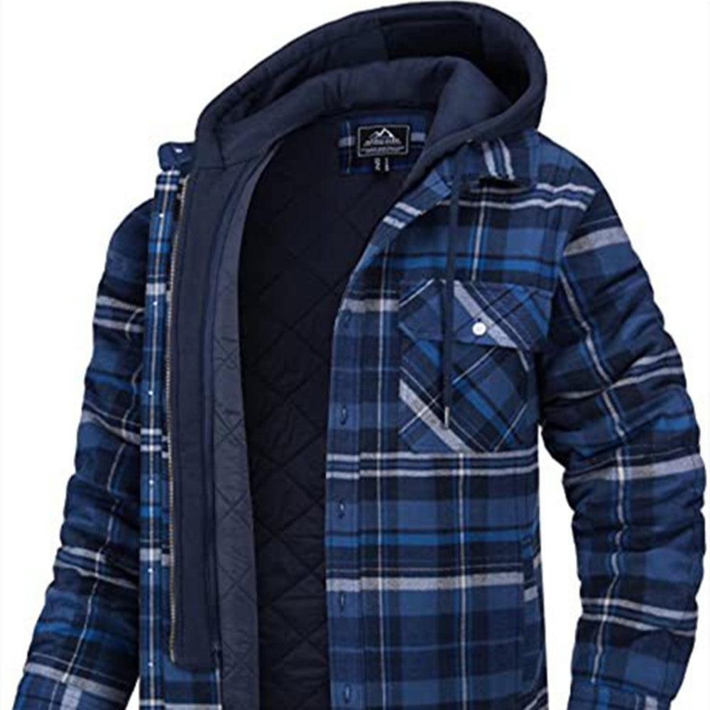 Blue plaid jacket with quilted lining on a white background