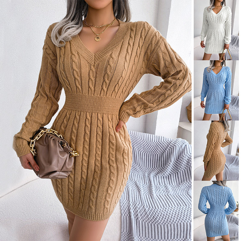 Woman wearing a beige cable knit dress holding a handbag, with additional images of dresses in blue and white.