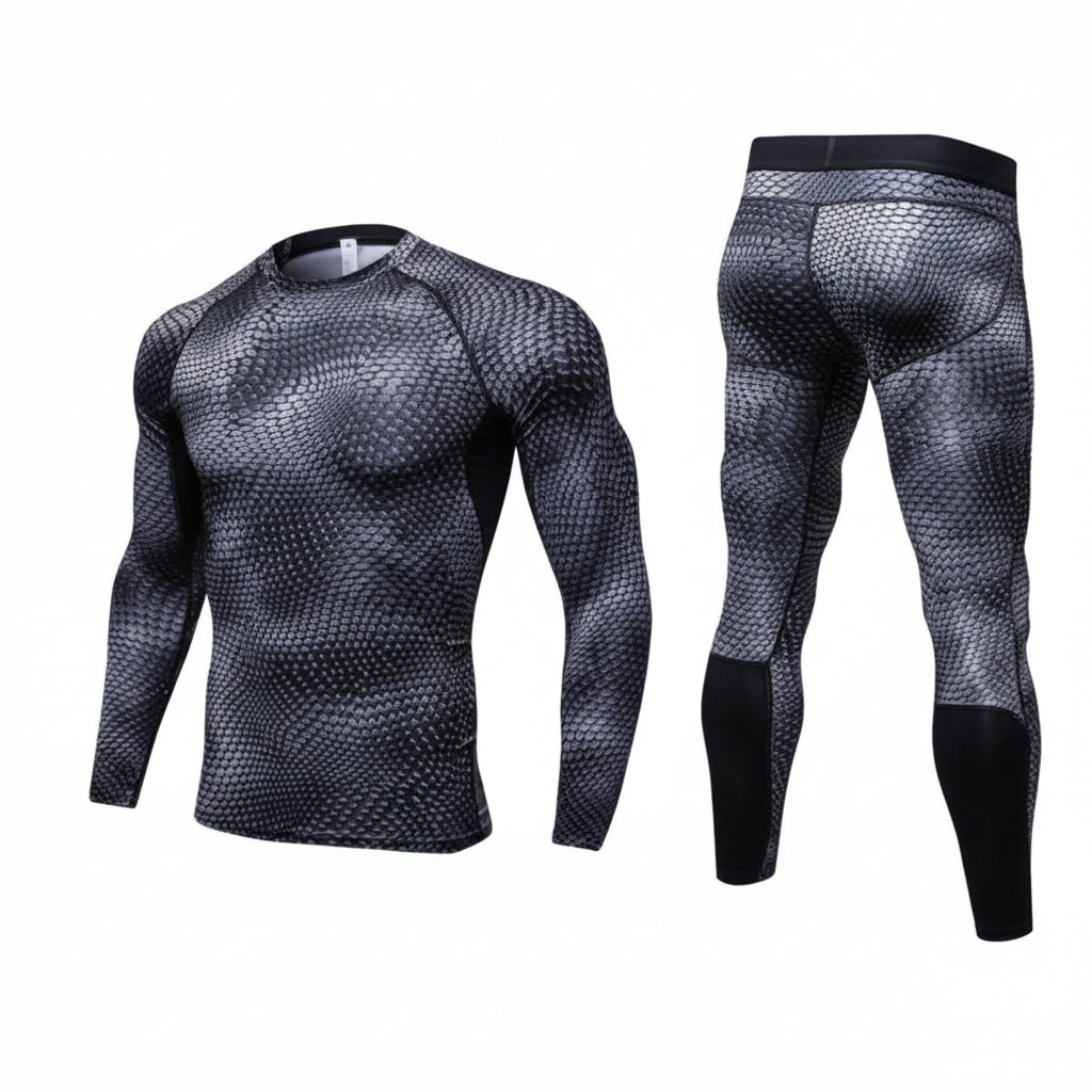 Black and gray compression shirt and pants set on a white background