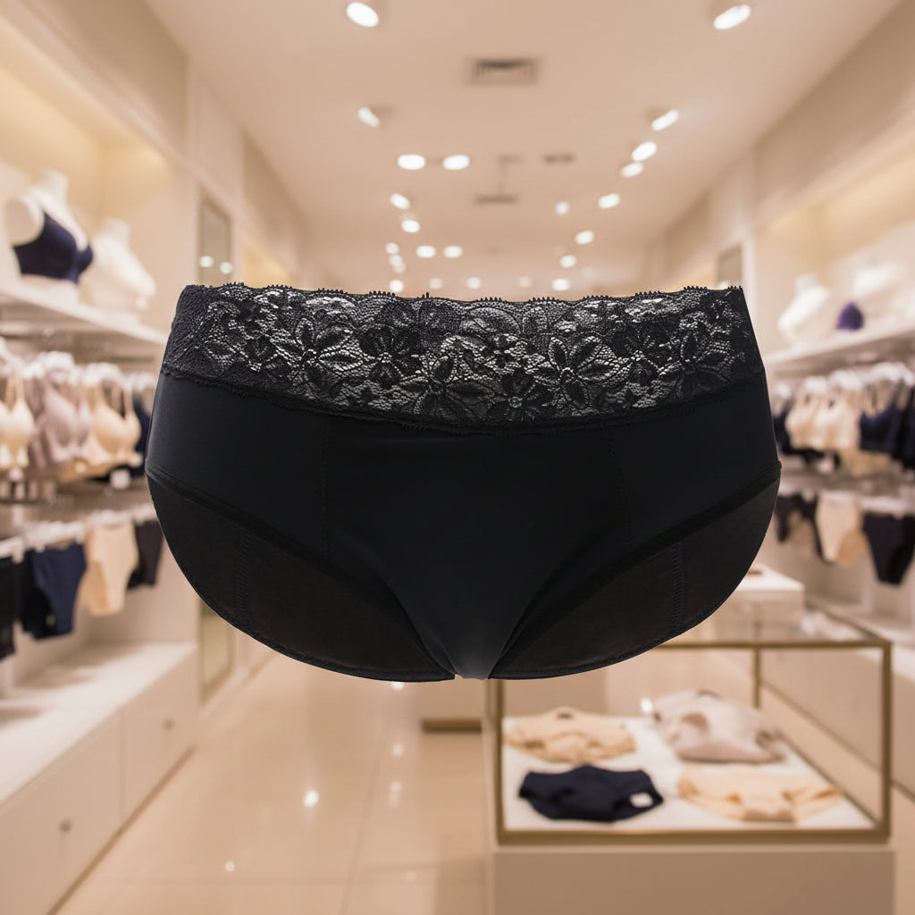 Black women's underwear with lace waistband on a white background