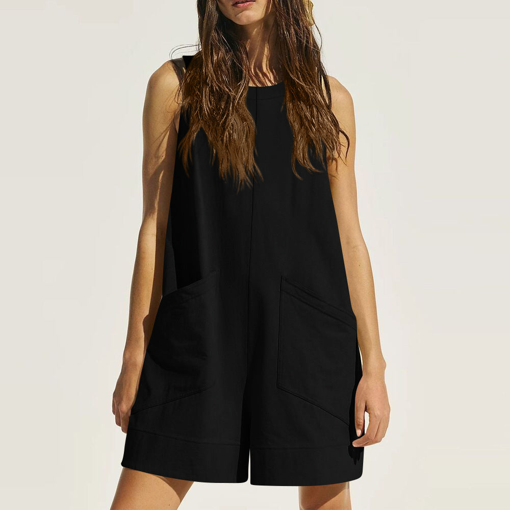 Black sleeveless romper worn by a model on a light gray background